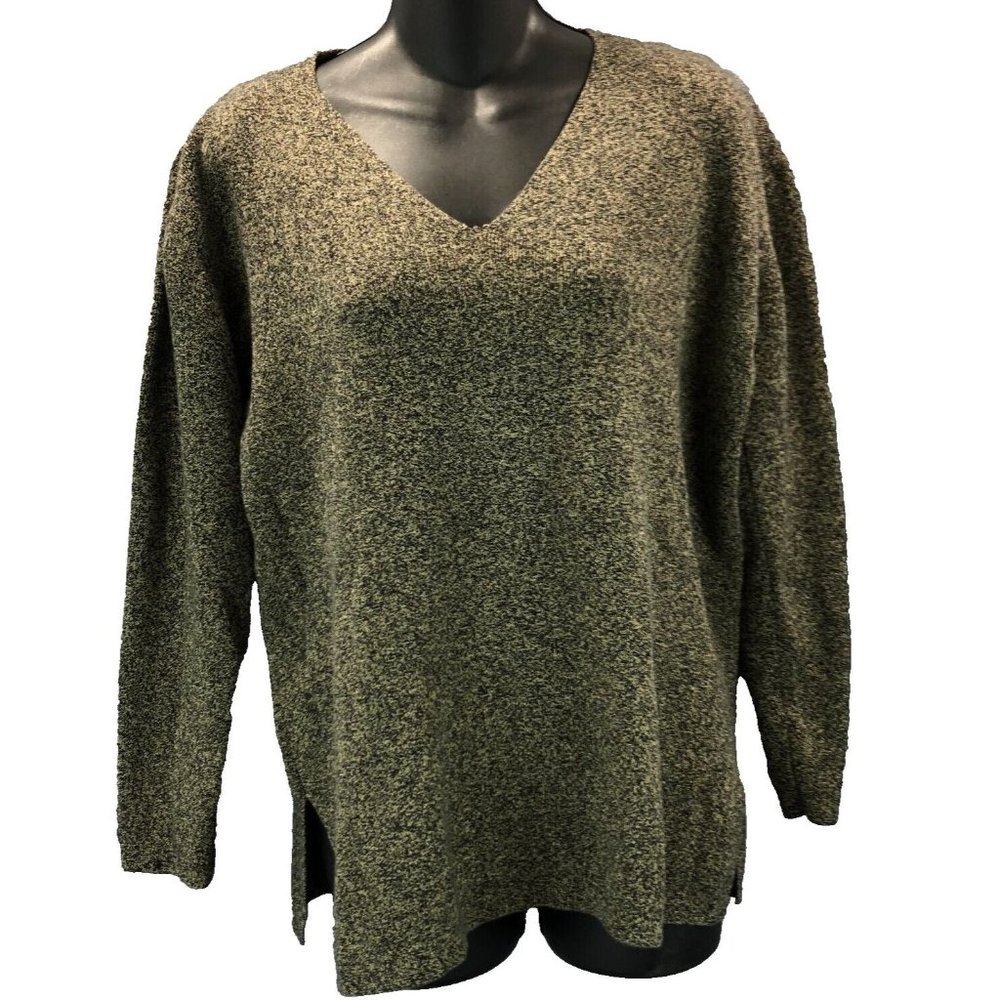 Amore Womens Sz M Cotton V-neck Khaki Green & Black 3/4 Sleeve Pullover Sweater